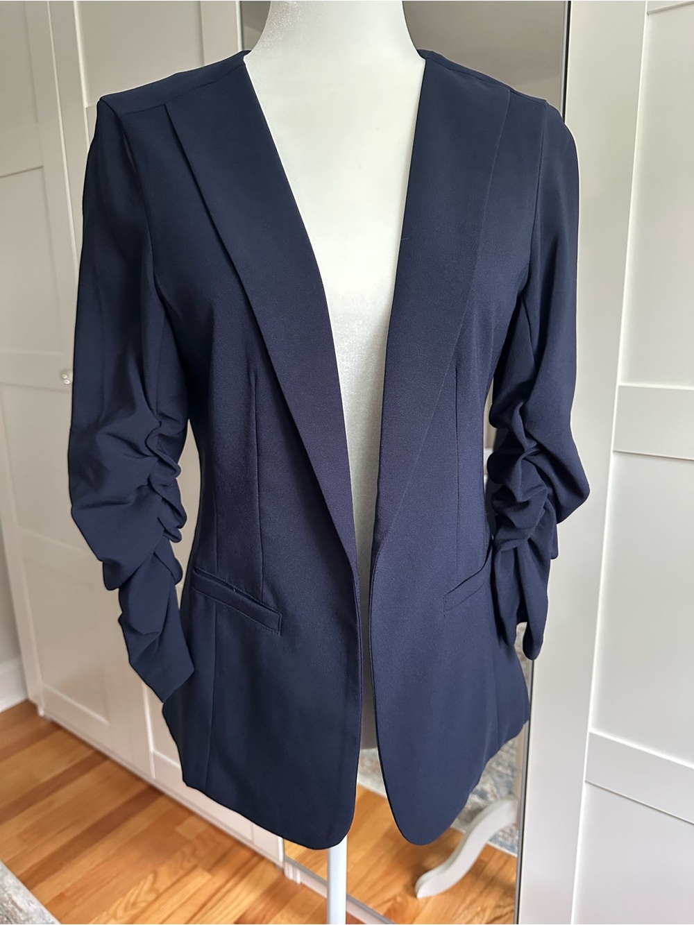 Skies Are Blue Navy Ruched-Sleeve Blazer